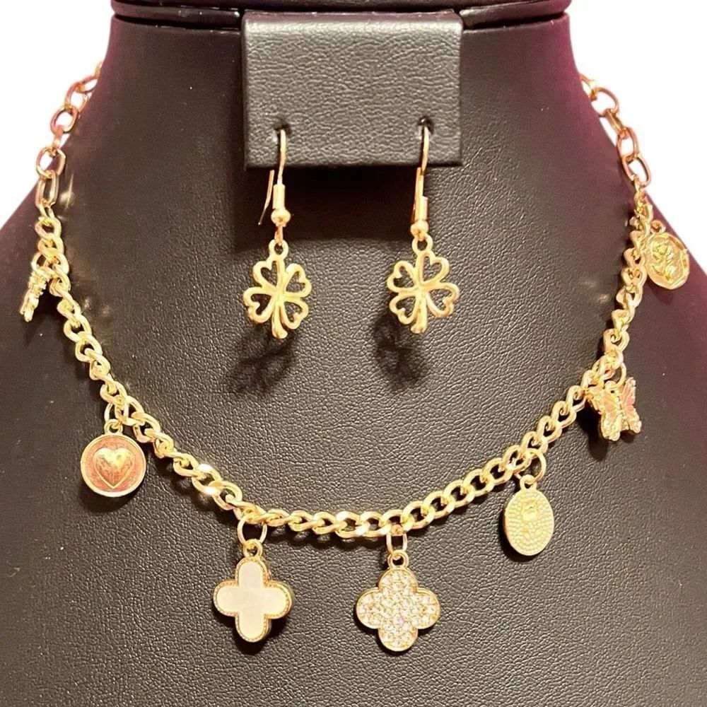 Gold White And Crystal Clover Butterfly Heart Charm Necklace and Earring Set